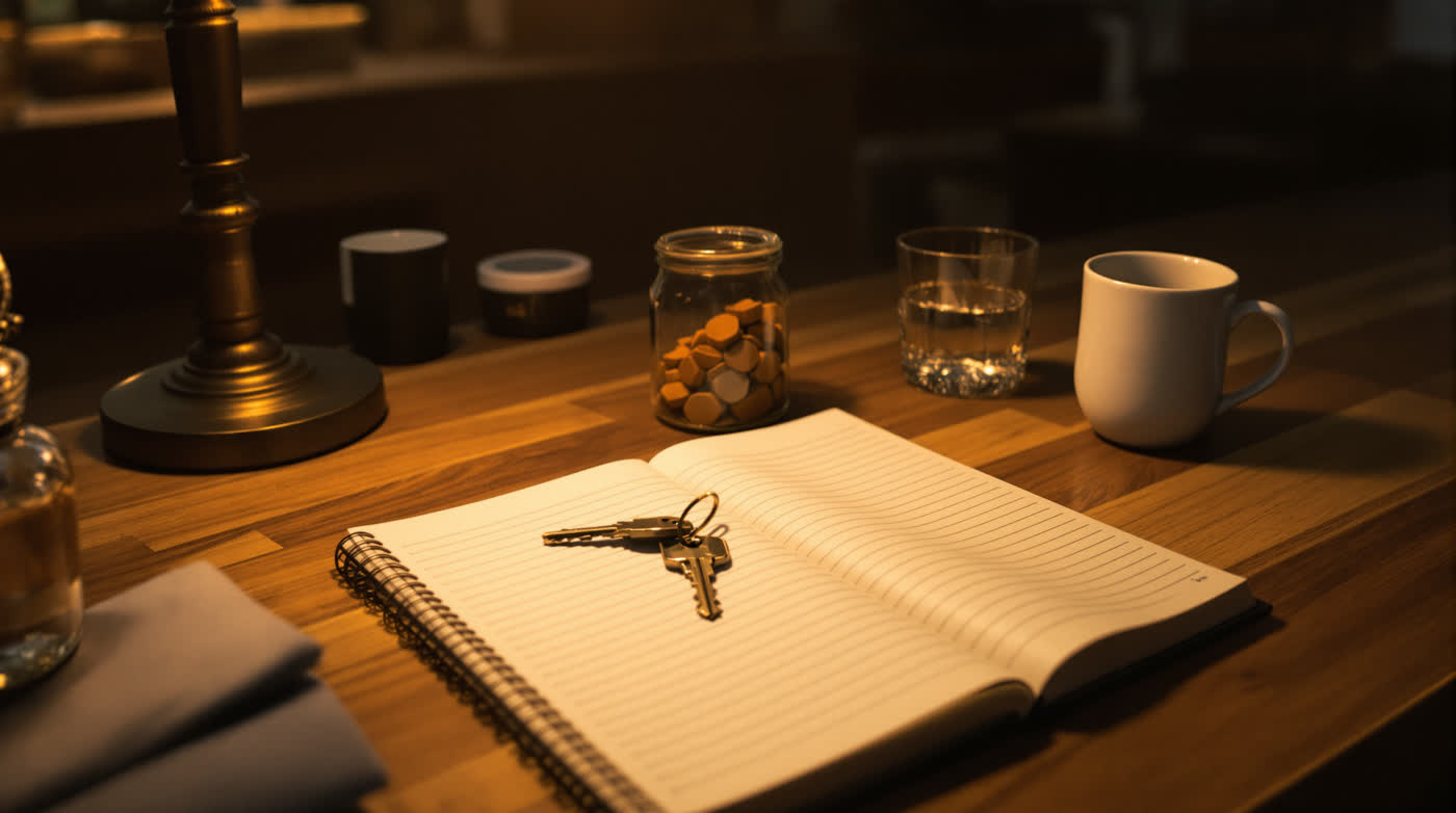 A shop counter at closing time: an open ledger, keys, a glass jar and a mug under warm lamplight