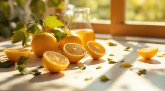 Halved citrus on a sunlit table beside a glass carafe