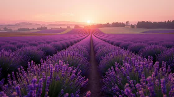 Rows of lavender fading into a violet haze at dusk
