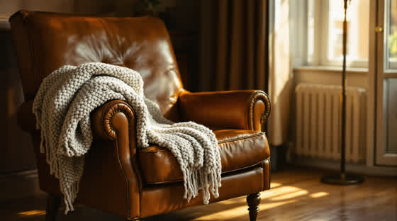 A wool throw folded over the arm of a worn leather armchair