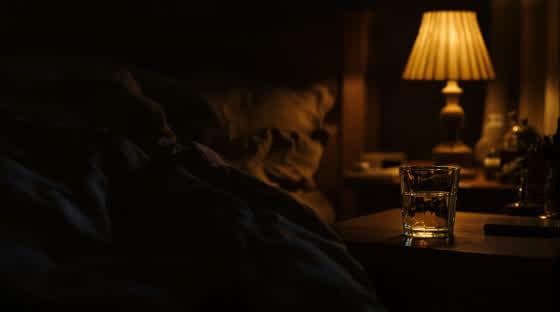 A bedside lamp glowing low beside linen sheets and a glass of water