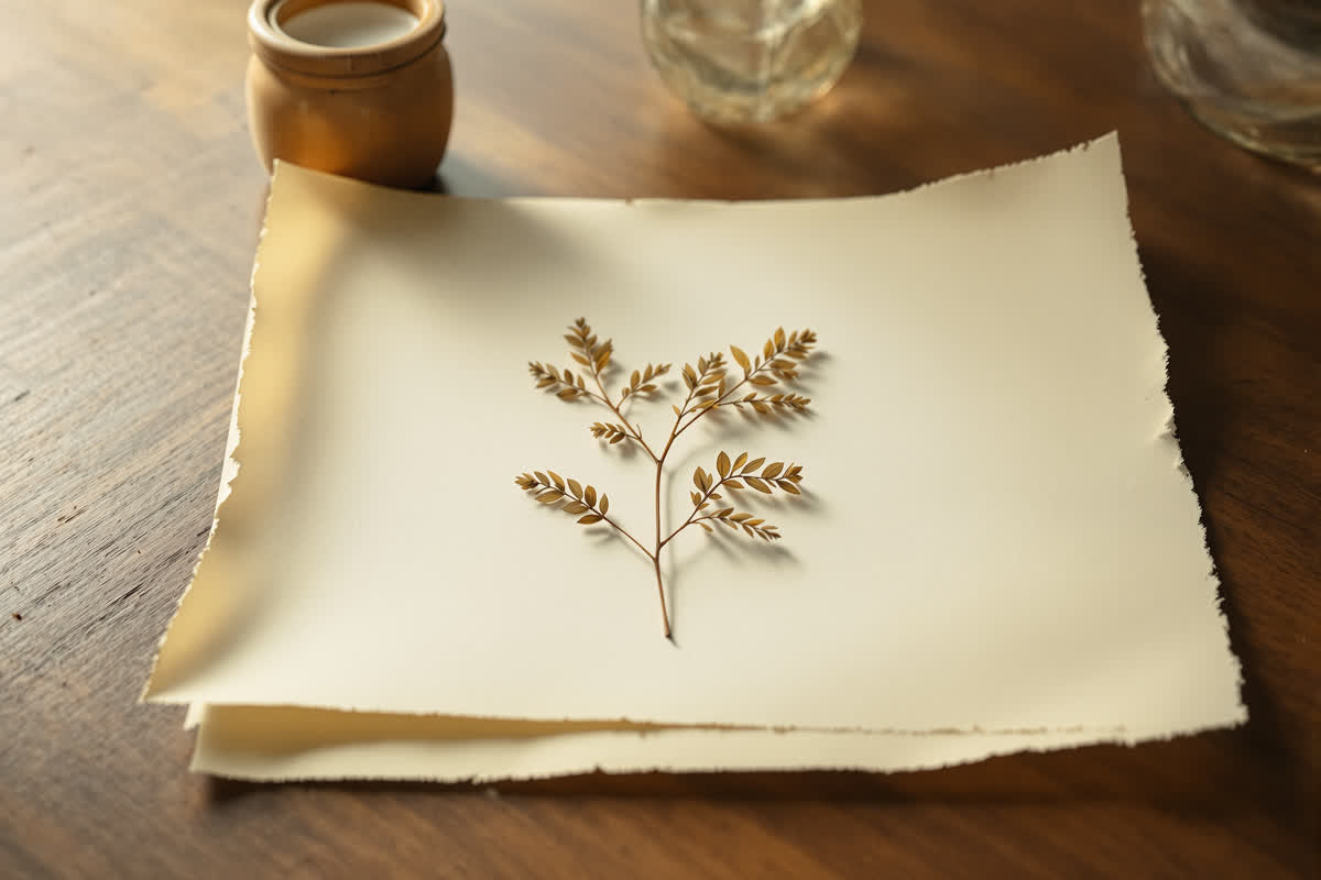 A pressed botanical specimen resting on blank paper under glass