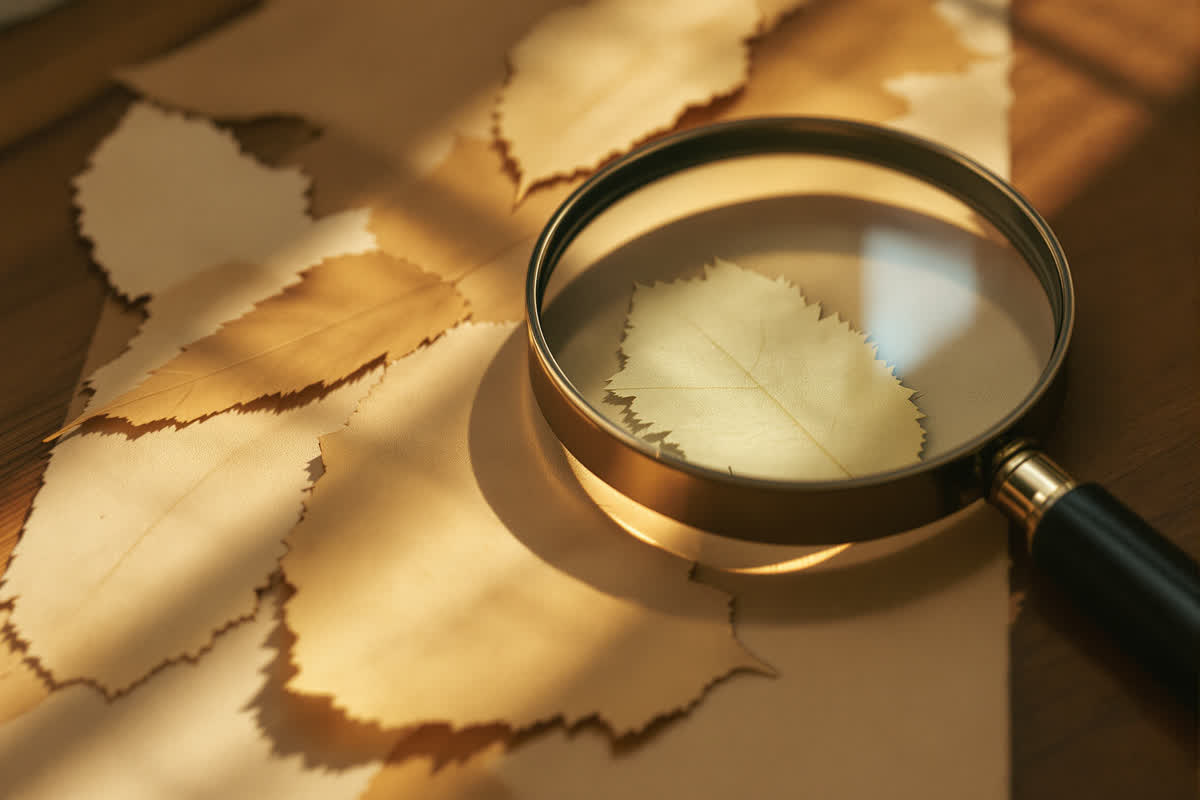 A magnifying glass resting over pressed leaves on walnut