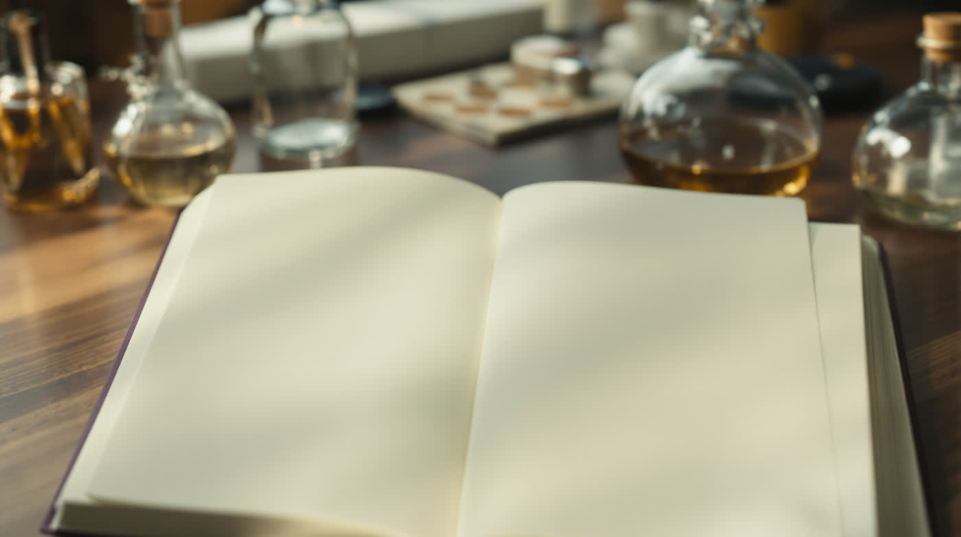 An open blank journal on a walnut desk beside laboratory glassware