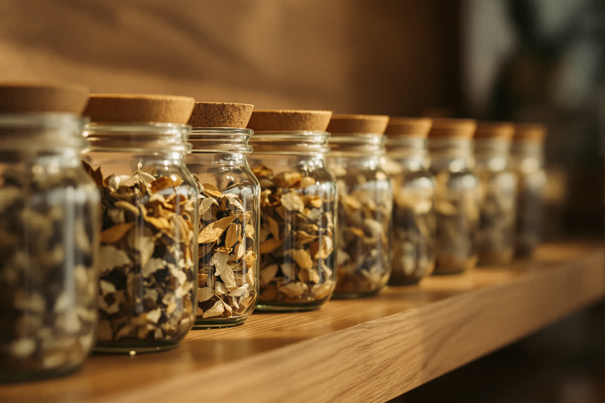 A row of small glass jars holding dried botanical samples on a shelf