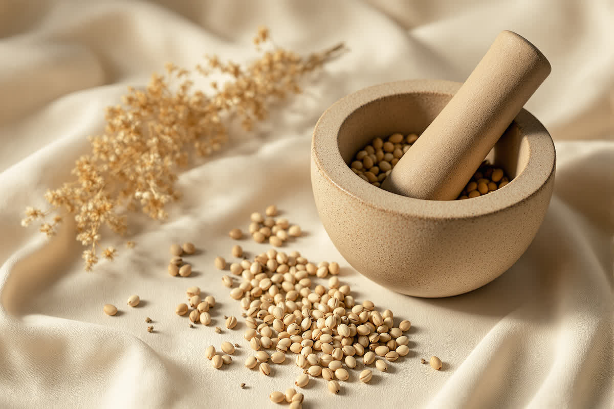 A stone mortar and pestle beside loose dried botanicals