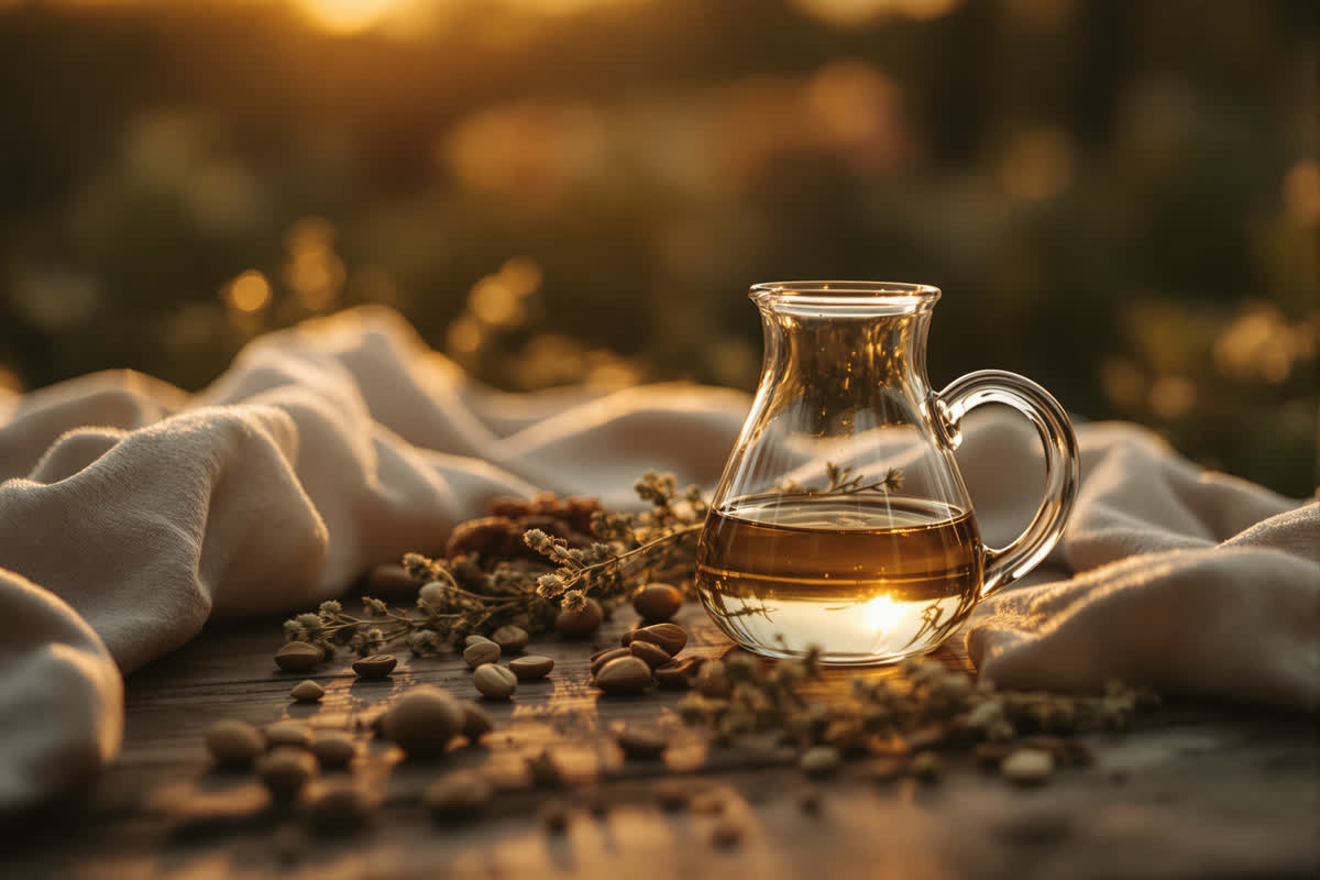 A glass beaker and dried herbs on walnut in low evening light