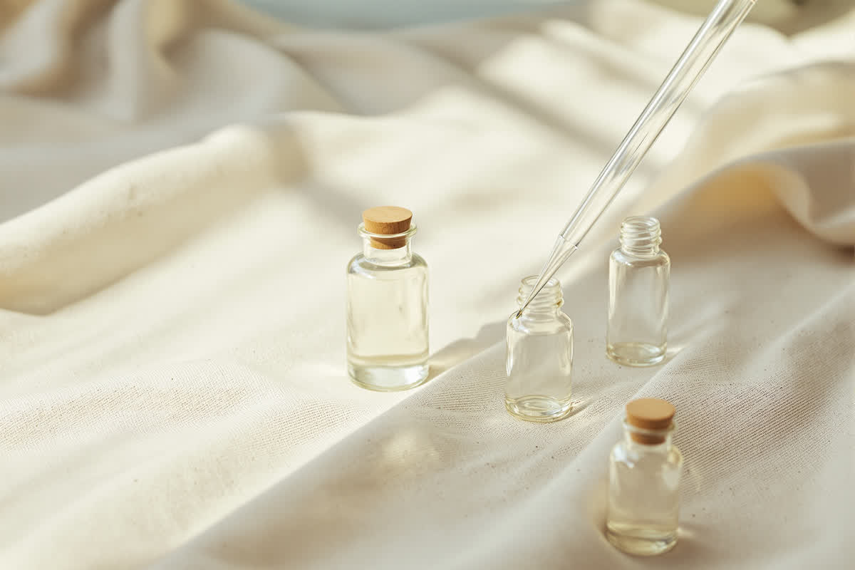 A pipette and empty glass vials arranged on pale linen
