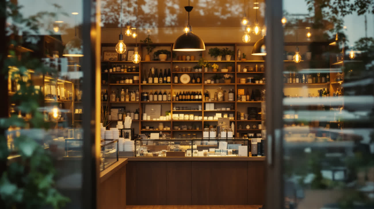 The warm lit interior of a small independent hemp shop seen from the doorway