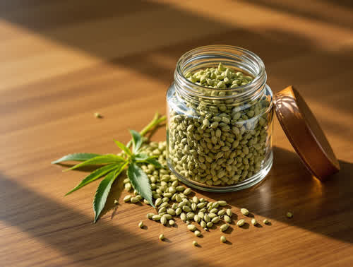 Hemp flower in a clear glass jar on walnut