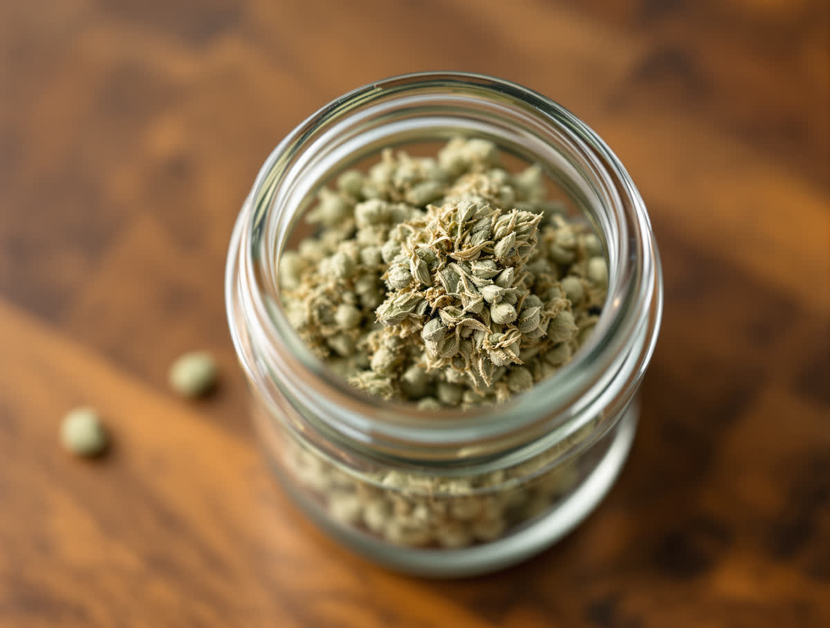ACDC hemp flower in a clear glass jar on walnut