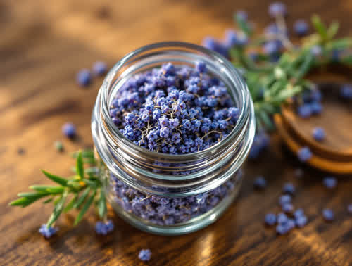 Blue Dream hemp flower in a clear glass jar on walnut