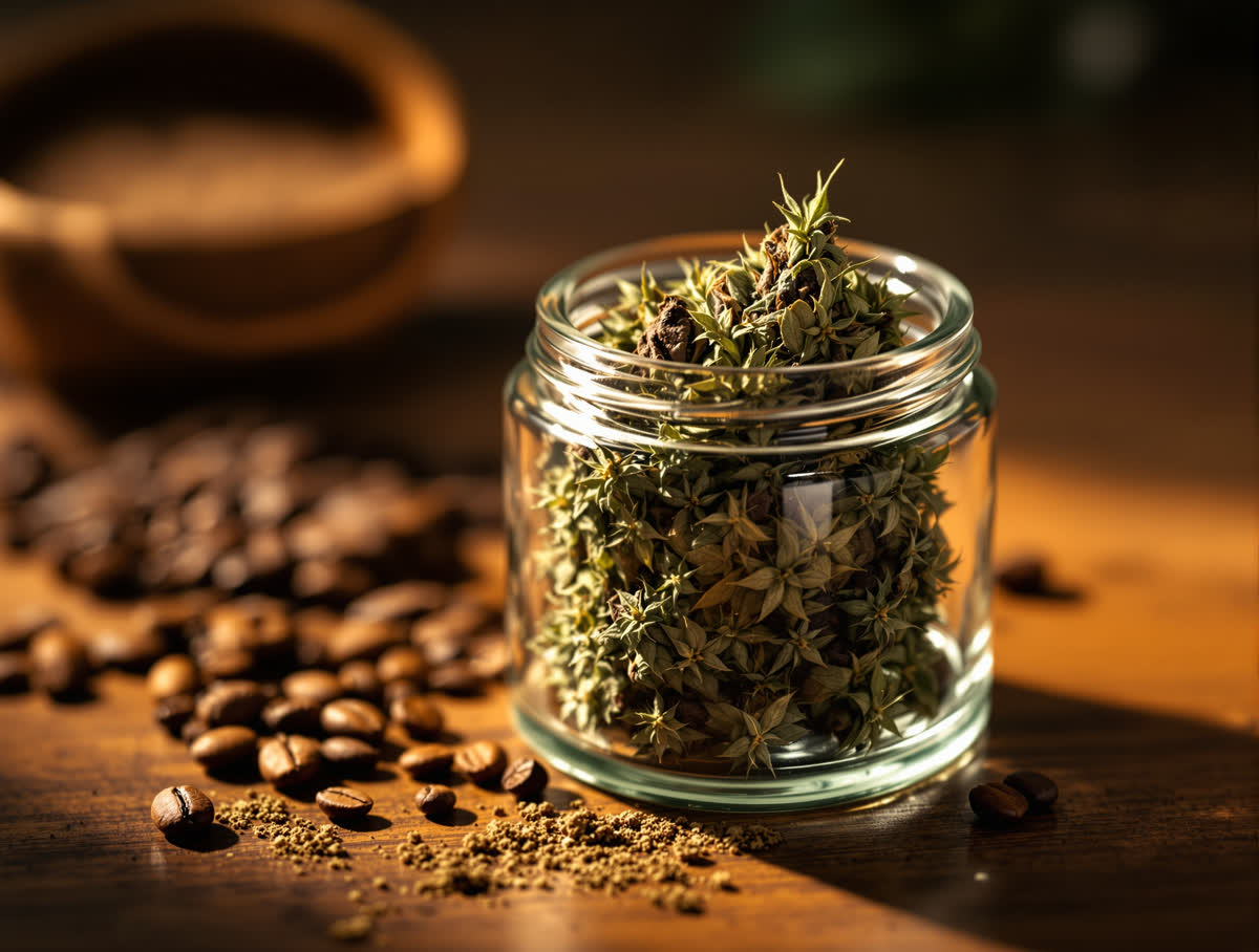 Bubba Kush hemp flower in a clear glass jar on walnut