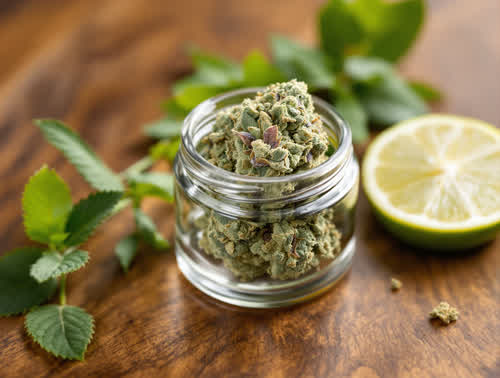 Do-Si-Dos hemp flower in a clear glass jar on walnut