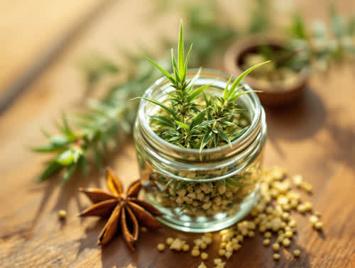 Durban Poison hemp flower in a clear glass jar on walnut