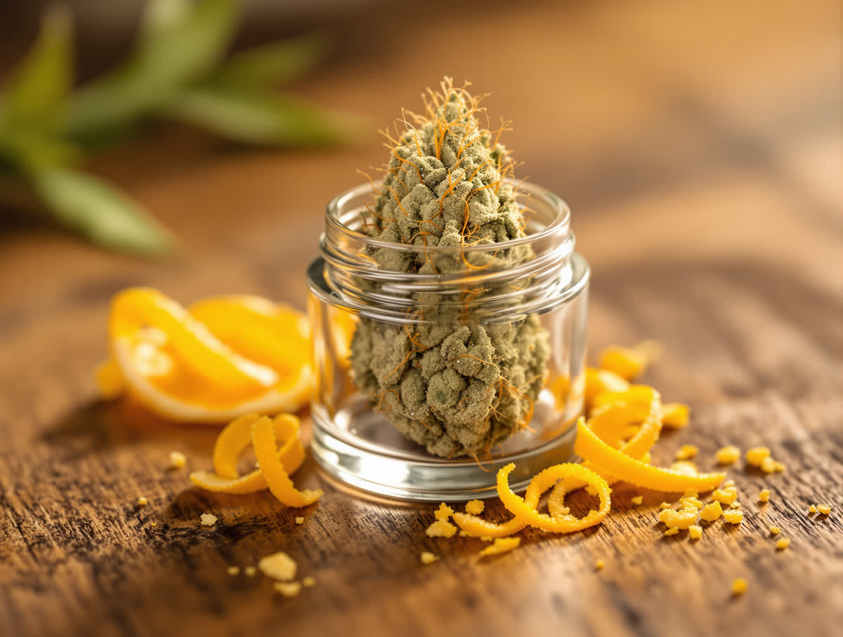 Gelato hemp flower in a clear glass jar on walnut