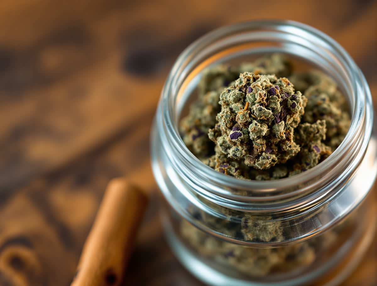 Girl Scout Cookies hemp flower in a clear glass jar on walnut