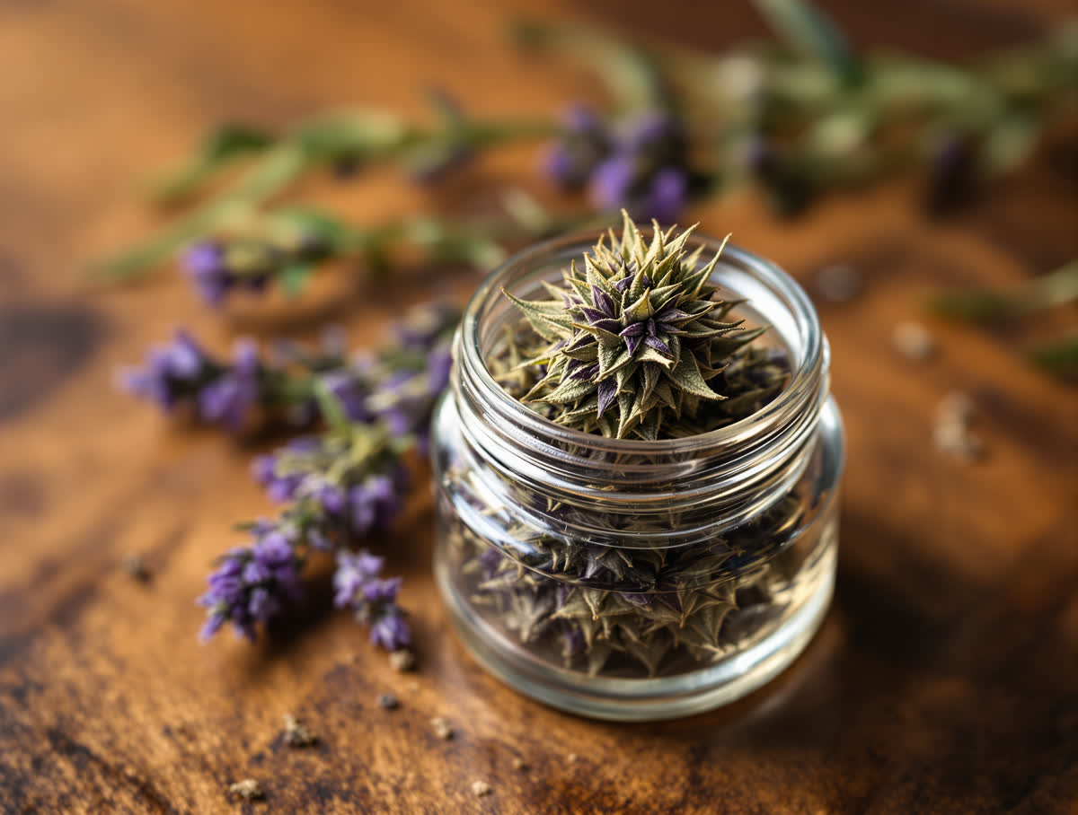 Granddaddy Purple hemp flower in a clear glass jar on walnut