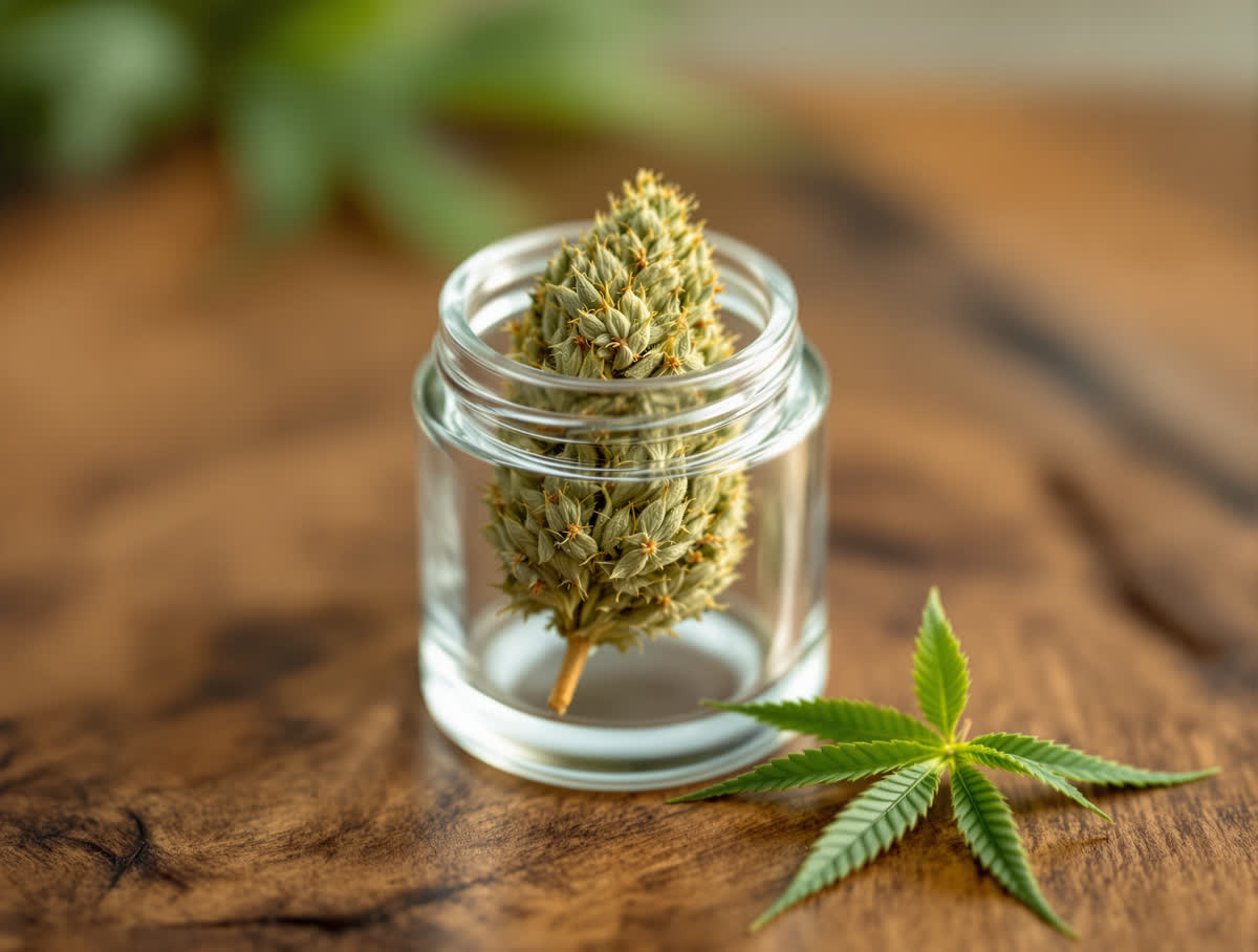Harlequin hemp flower in a clear glass jar on walnut
