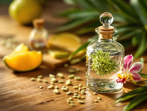 Hawaiian Haze hemp flower in a clear glass jar on walnut