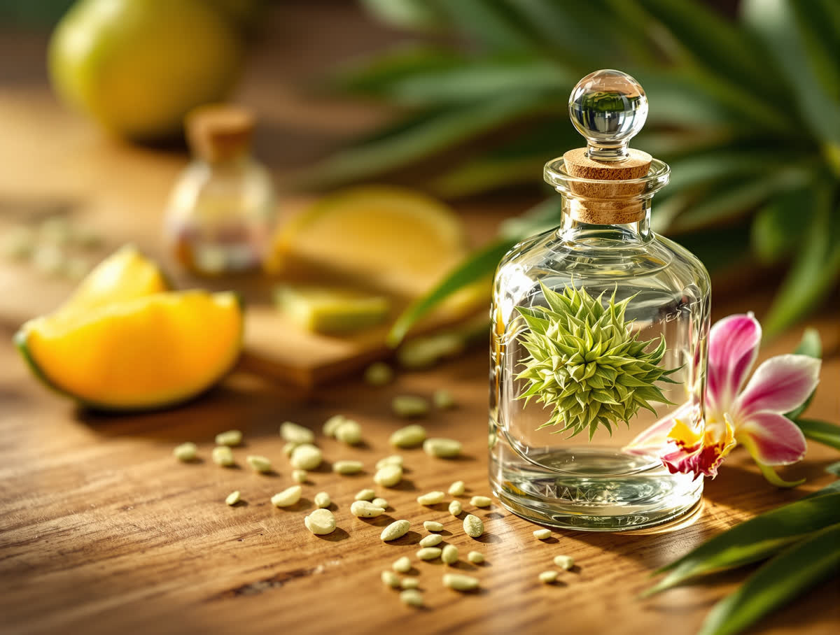 Hawaiian Haze hemp flower in a clear glass jar on walnut