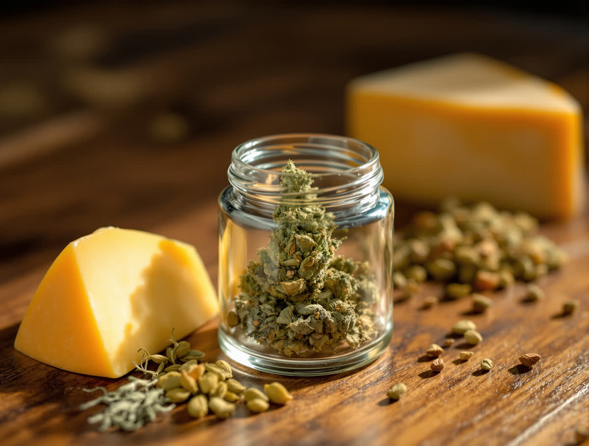 Lifter hemp flower in a clear glass jar on walnut