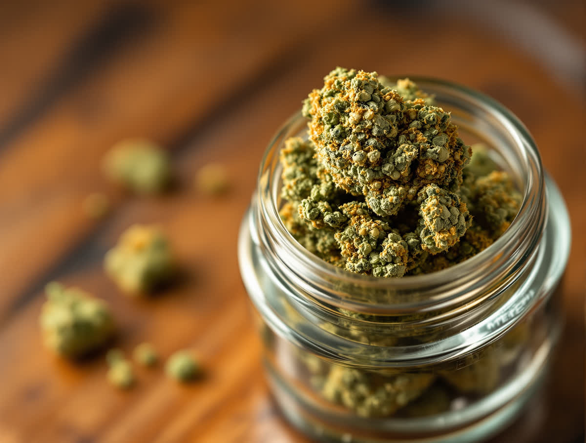 Northern Lights hemp flower in a clear glass jar on walnut
