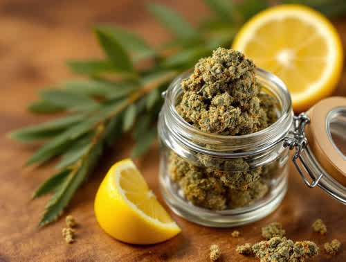 OG Kush hemp flower in a clear glass jar on walnut