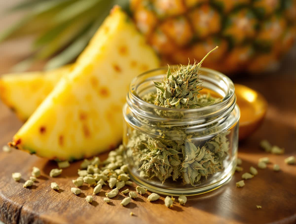 Pineapple Express hemp flower in a clear glass jar on walnut