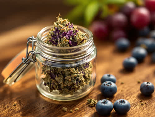 Purple Punch hemp flower in a clear glass jar on walnut