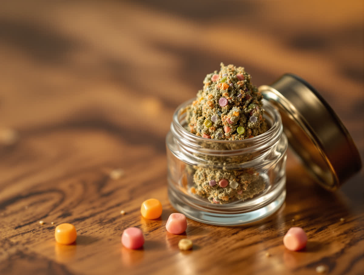 Runtz hemp flower in a clear glass jar on walnut