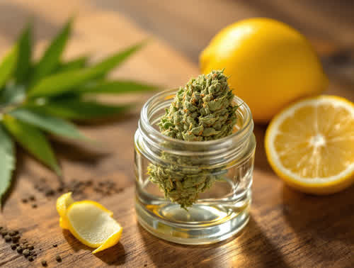 Sour Diesel hemp flower in a clear glass jar on walnut