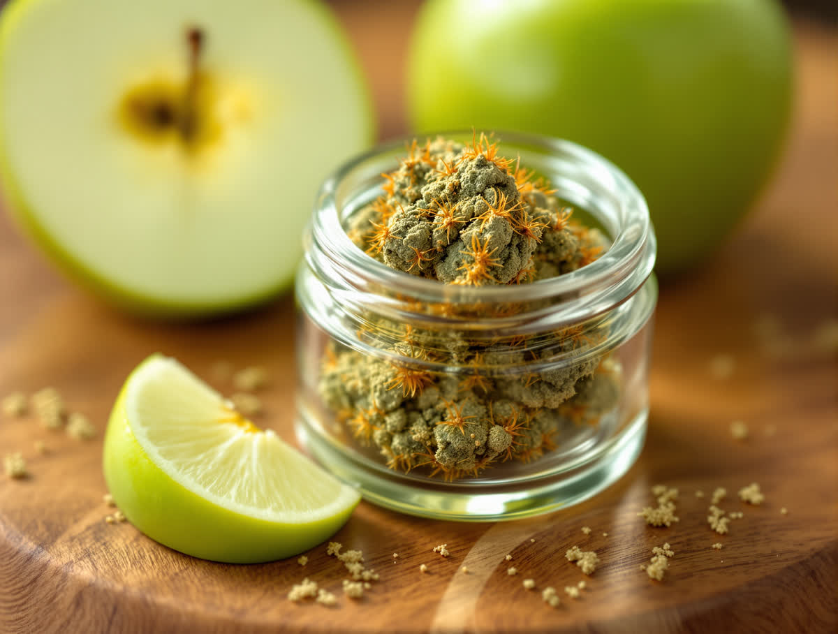 Sour Space Candy hemp flower in a clear glass jar on walnut