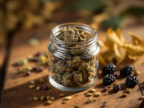 Special Sauce hemp flower in a clear glass jar on walnut