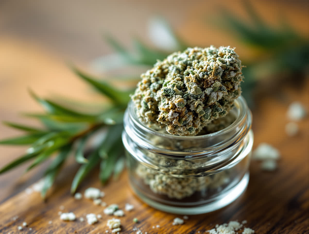 White Widow hemp flower in a clear glass jar on walnut