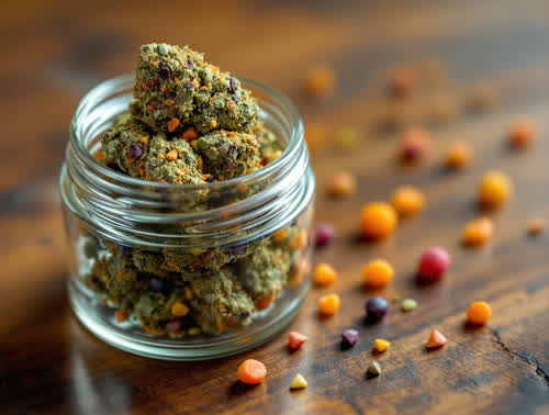 Zkittlez hemp flower in a clear glass jar on walnut