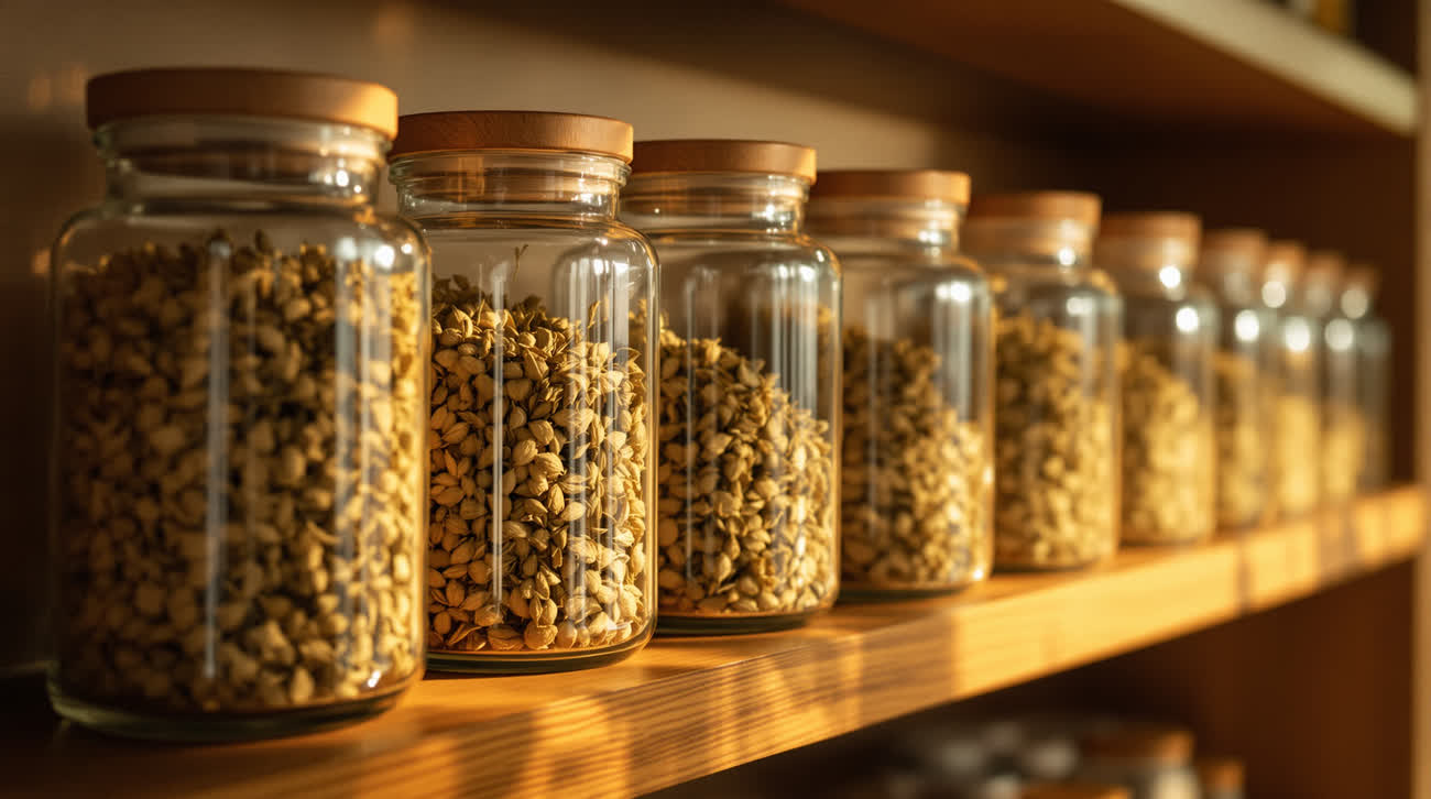 A row of glass apothecary jars of dried hemp flower on a warm walnut shelf